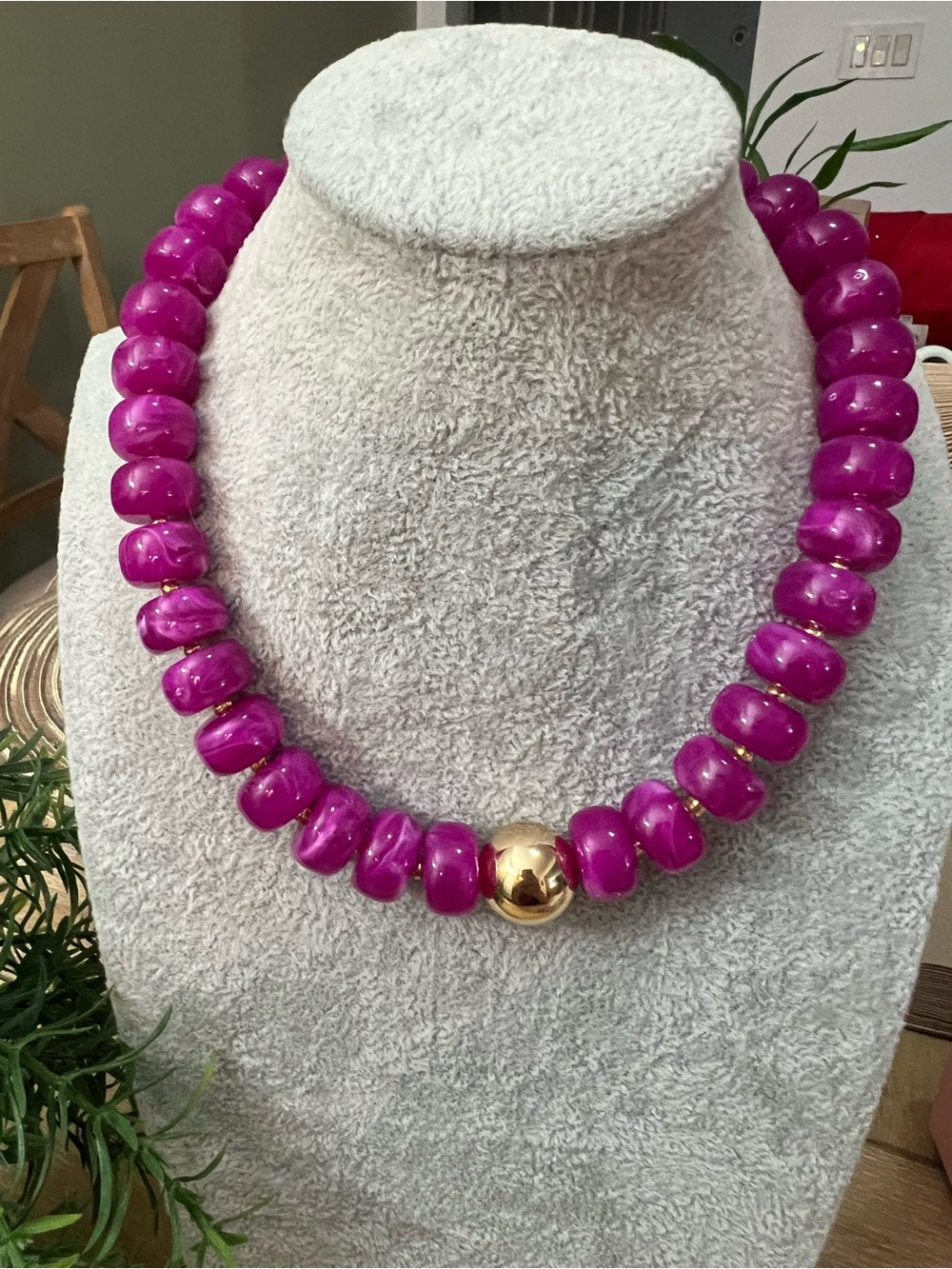 Magenta Beaded Necklace with Gold Accent - Women Jewelry